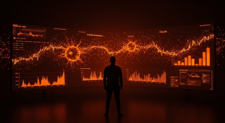 Interrupción global del servicio AI Claude impactando startups en ecosistema tecnológico con gráfica digital y conexiones neuronales fragmentadas.