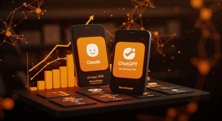 Crecimiento de usuarios de Claude superando a ChatGPT en descargas de apps IA en EE.UU. 2026 con metáforas visuales de crecimiento SaaS y competencia tecnológica.