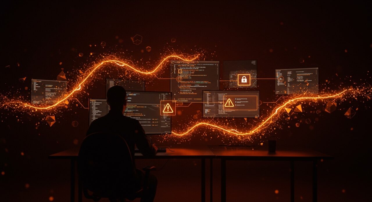 Ilustración de ataque de seguridad informática con inyección de prompts y cadena de suministro en GitHub afectando a desarrolladores y sistemas AI en pipelines.