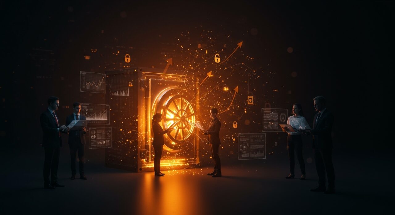 Ilustración digital de soluciones de privacidad y financiamiento en startups, destacando la expansión empresarial de Cloaked en tecnología.