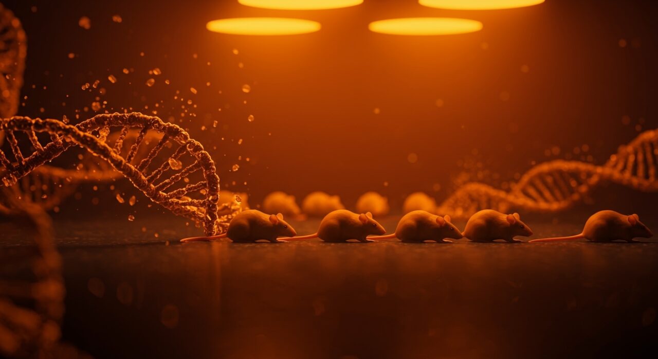Clonación de ratones en laboratorio con ilustración de colapso genético para biotecnología en Japón.
