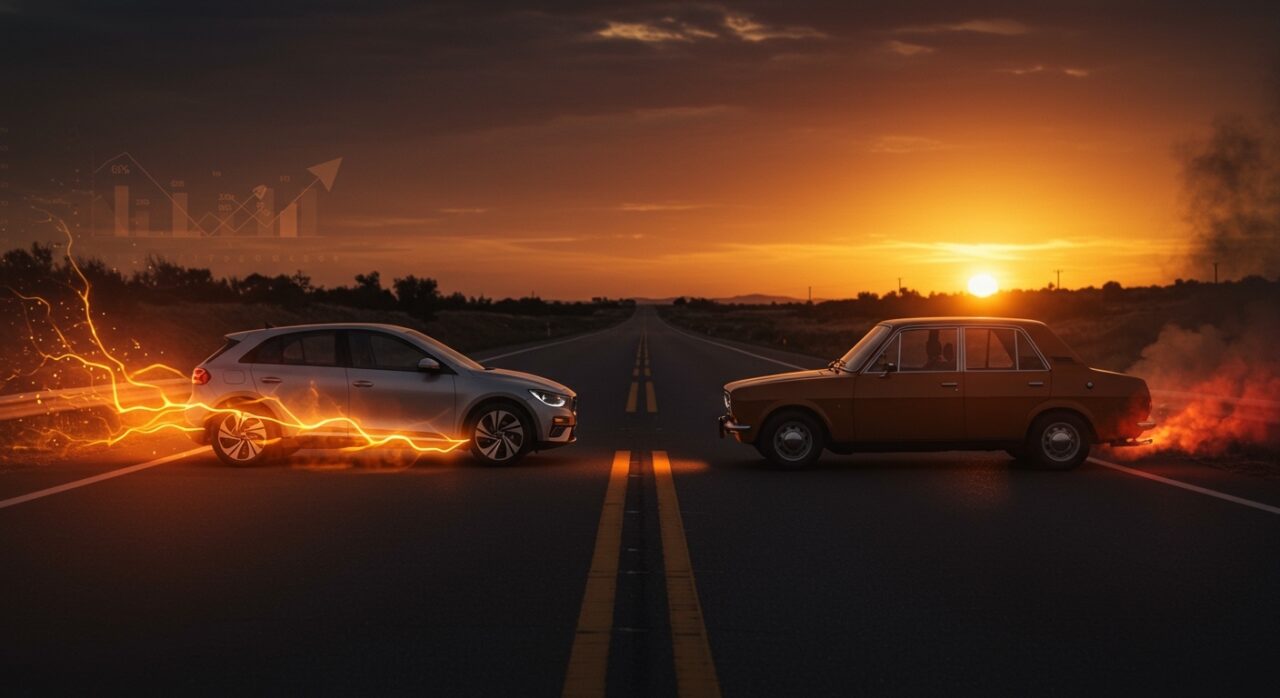 Comparativa visual entre coche eléctrico y gasolina durante Semana Santa 2026 destacando ahorro y movilidad sostenible.