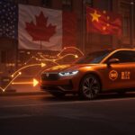 Coche eléctrico chino en el mercado canadiense simbolizando la expansión y tensiones comerciales entre Canadá, China y EEUU.