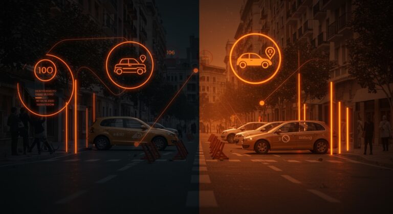 Coches sin etiqueta circulando en Madrid bajo nueva regulación ambiental en 2026 representando movilidad urbana y zonas de bajas emisiones.