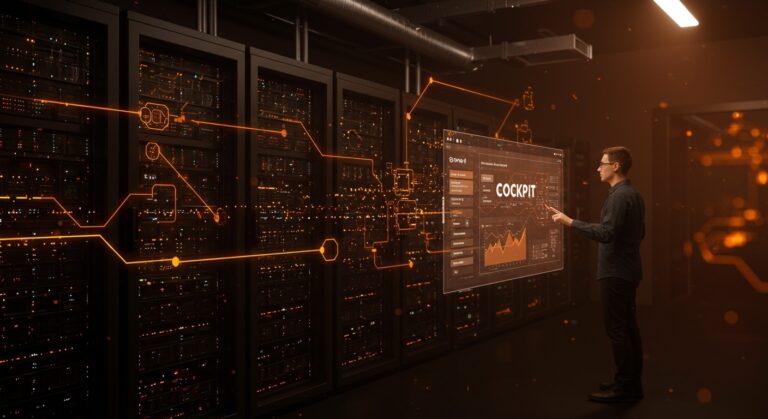 Interfaz web moderna Cockpit administrando servidores Linux para automatización y gestión remota en startups.
