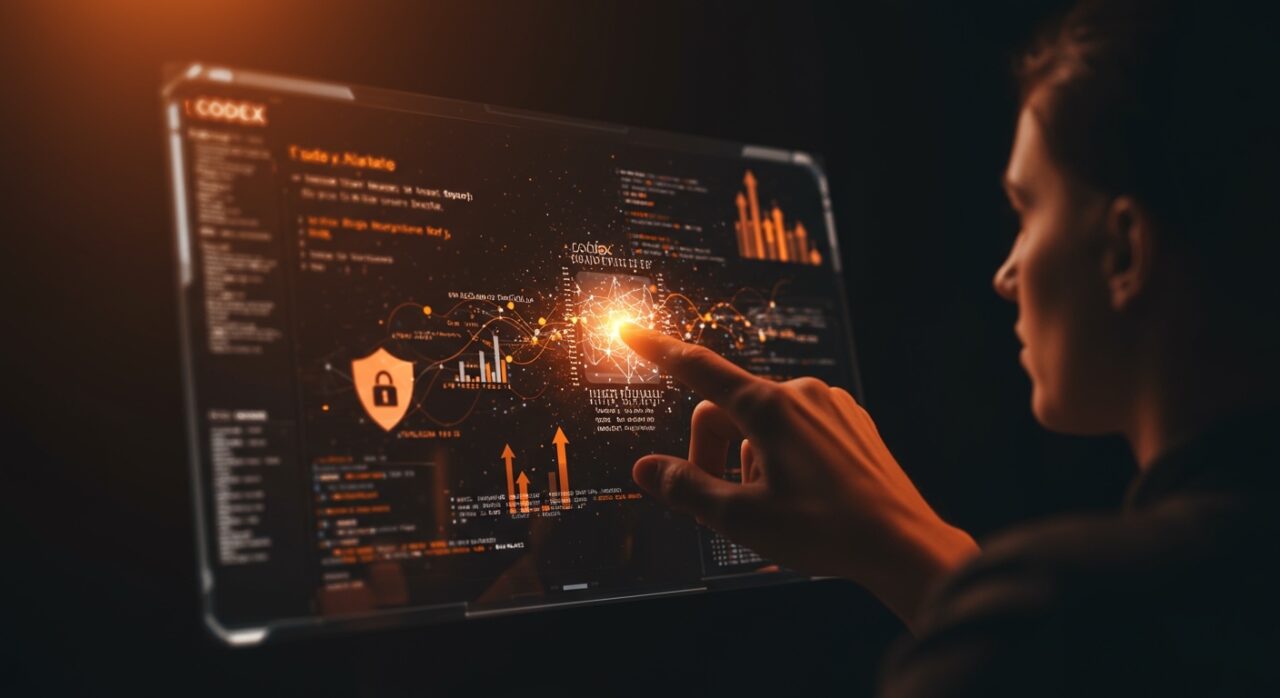 Interfaz futurista mostrando análisis de seguridad con IA y reducción de falsos positivos en detección de vulnerabilidades usando Codex Security de OpenAI.