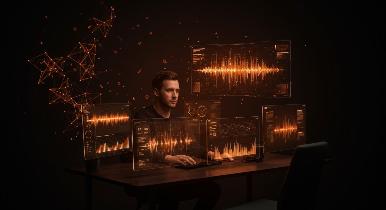 Modelo ASR Cohere Transcribe con baja tasa de error mostrando tecnología avanzada de transcripción automática para startups en ambiente tecnológico naranja y negro.