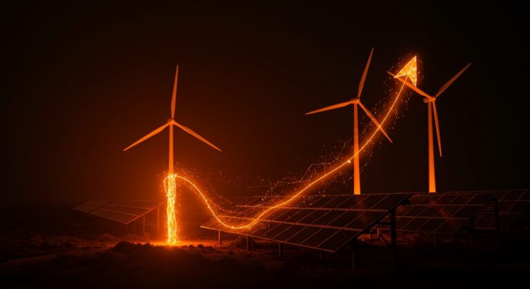 Infraestructura de energía renovable de Colbún destacada con flujos de energía luminosa, simbolizando inversión y sostenibilidad en el mercado energético.