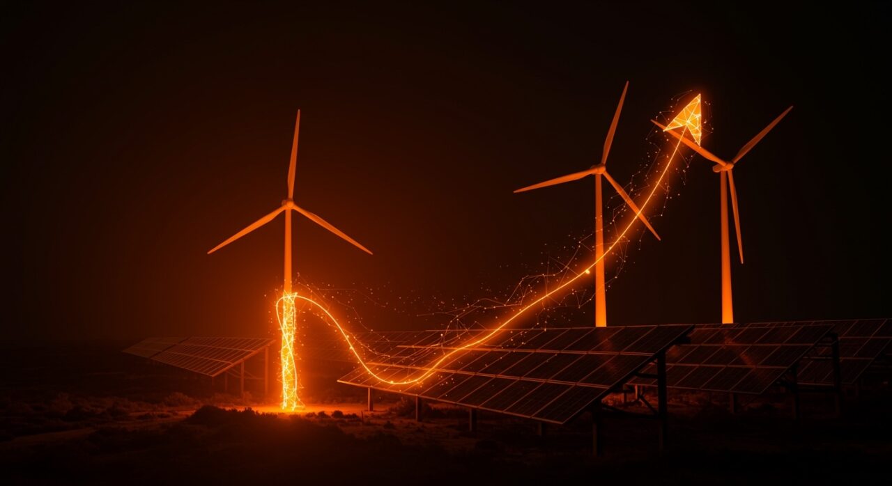 Infraestructura de energía renovable de Colbún destacada con flujos de energía luminosa, simbolizando inversión y sostenibilidad en el mercado energético.