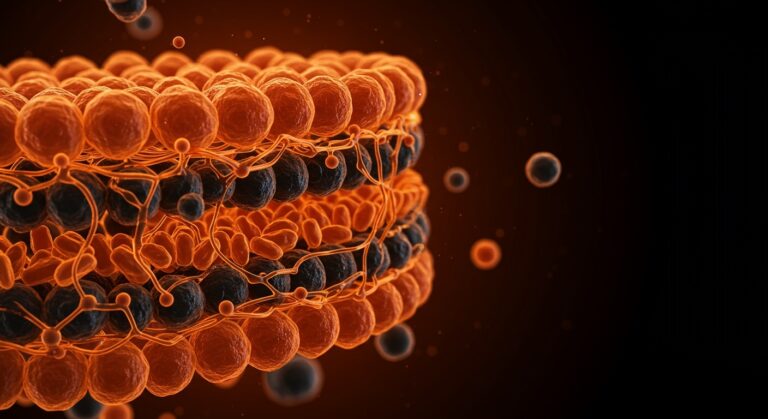 Membrana celular con colesterol mostrando elasticidad y empaquetamiento lipídico, ilustrando aplicaciones en biotecnología y nanotecnología para liberación de fármacos.