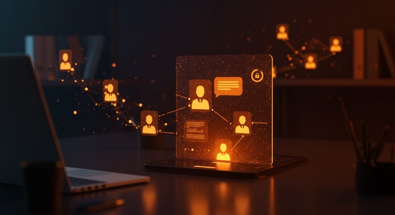 Interfaz holográfica de plataforma de chat descentralizada Colibri con énfasis en privacidad y datos descentralizados para comunidades tech.