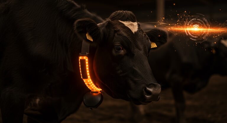 Collar inteligente para ganado con sensores IoT en entorno tecnológico de agricultura automatizada y innovación agrotech.