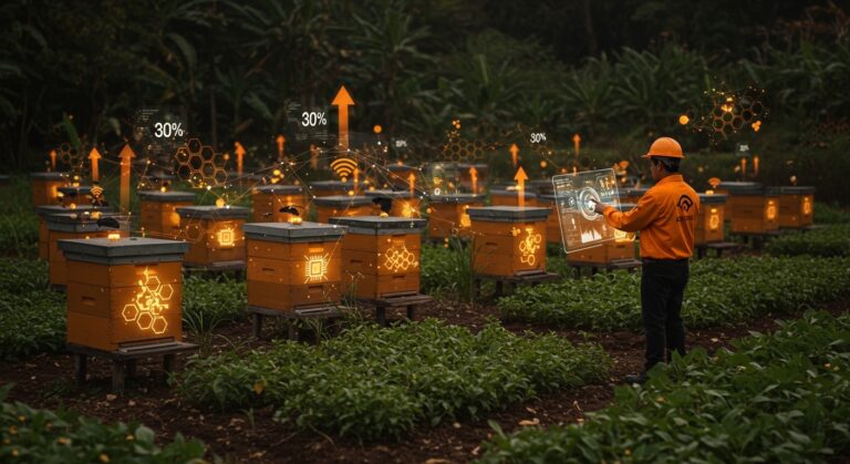 Colmenas inteligentes con sensores IoT mejorando cultivos y protegiendo abejas, startup peruana Api Robotics en agricultura sostenible.