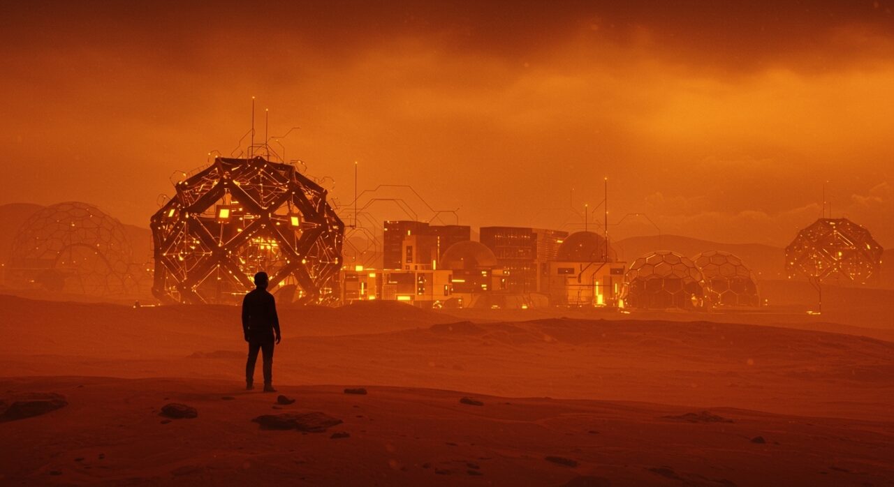 Visión futurista de colonización de Marte con emprendedor y desafíos tecnológicos y ecosistémicos en un paisaje marciano naranja y negro.