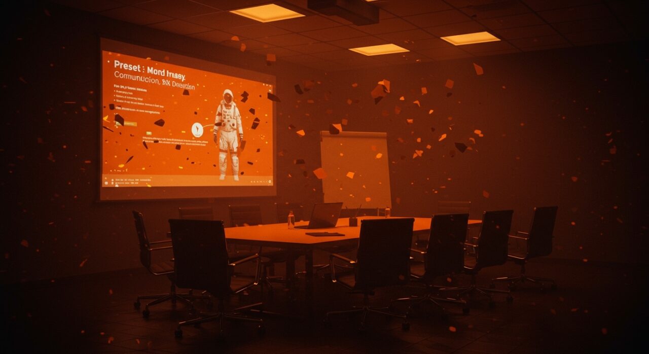 Imagen dramática que representa el fallo de comunicación técnica en la presentación de PowerPoint de Boeing que ocasionó el accidente del Columbia en 2003, destacando lecciones para startups.