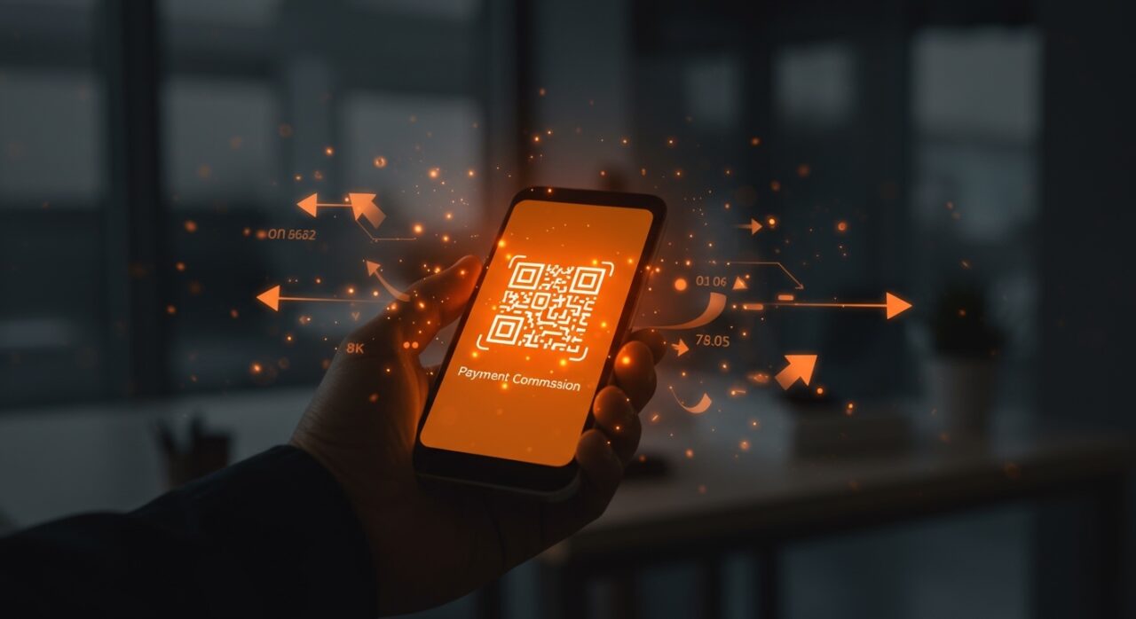 Smartphone con código QR de pago resaltando la importancia de las comisiones electrónicas en startups fintech y pequeños comercios.