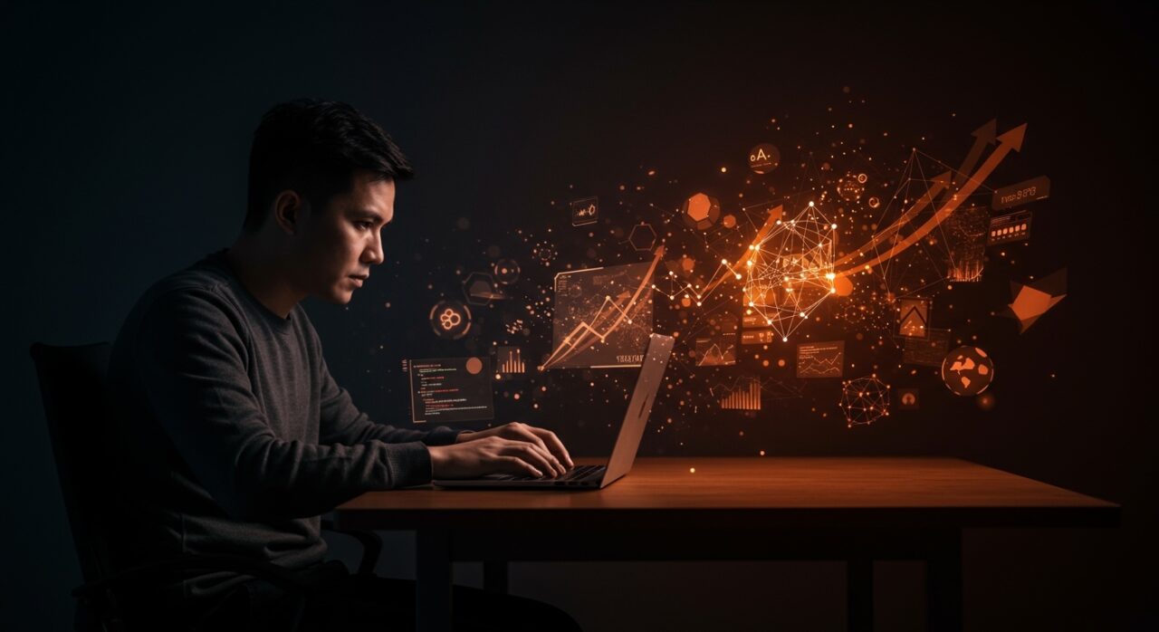 Desarrollador integrando inteligencia artificial en su código, mostrando buenas prácticas para escalabilidad y seguridad en desarrollo de software