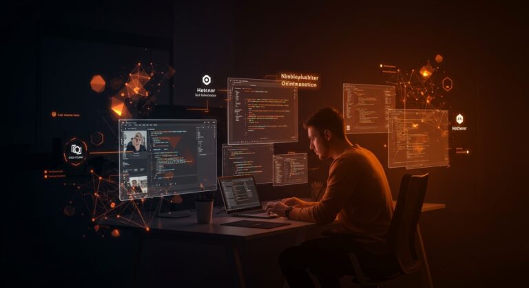 Desarrollador creando un blog moderno con Elixir y Phoenix, mostrando conceptos de escalabilidad y optimización para tecnología SAAS.