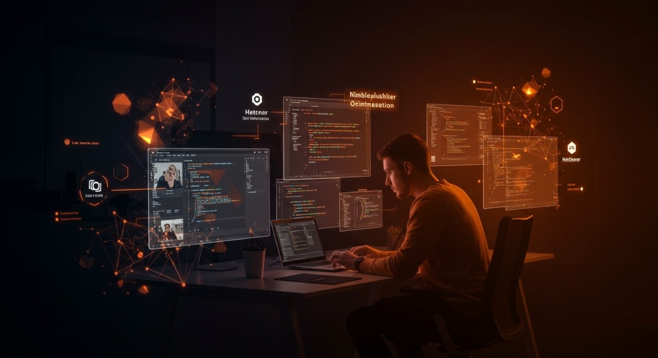 Desarrollador creando un blog moderno con Elixir y Phoenix, mostrando conceptos de escalabilidad y optimización para tecnología SAAS.