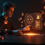 Chatbot de IA Claude interactuando con documentos digitales en un entorno futurista enfocado en startups y automatización.