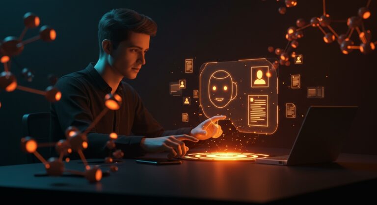 Chatbot de IA Claude interactuando con documentos digitales en un entorno futurista enfocado en startups y automatización.