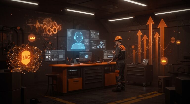 Recepcionista IA con voz para talleres, mostrando automatización y tecnología RAG integrada con MongoDB en un entorno startup.