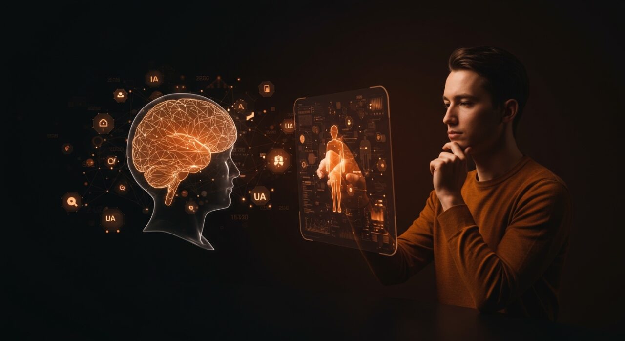 Diseño de interfaces de IA centradas en la experiencia de usuario, con elementos visuales de redes neuronales y hologramas en paleta naranja y negro.