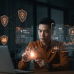 Founder eligiendo un MSSP con interfaz holográfica de ciberseguridad para startups, destacando SOC 2 y gestión de vulnerabilidades en 2026.