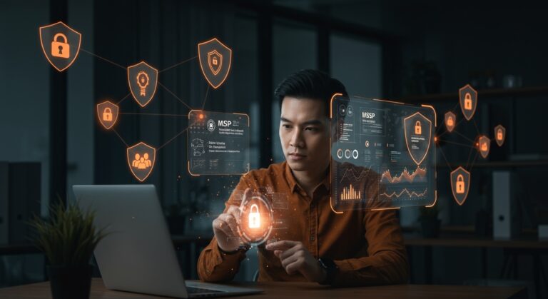 Founder eligiendo un MSSP con interfaz holográfica de ciberseguridad para startups, destacando SOC 2 y gestión de vulnerabilidades en 2026.