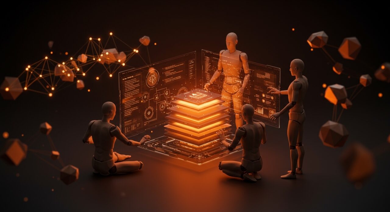 Colaboración de agentes IA en desarrollo de software usando flujo multi-agente con LLMs para programación asistida por inteligencia artificial.