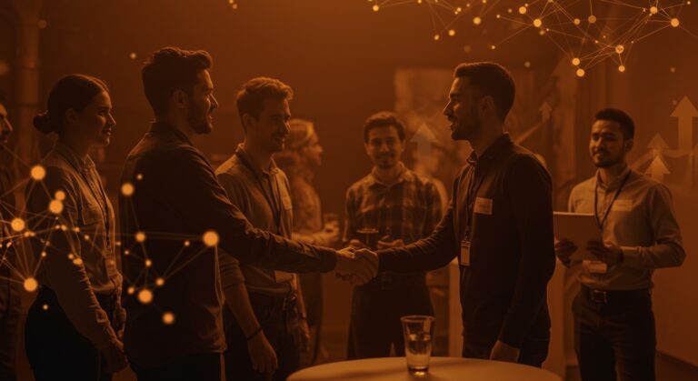 Founder practicando networking con desconocidos para mejorar habilidades sociales y salud mental en un evento tecnológico.