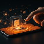Instalación automática de eSIM en Android representada mediante un smartphone futurista con elementos digitales y programación móvil en tonos naranja y negro.
