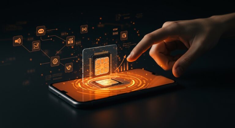 Instalación automática de eSIM en Android representada mediante un smartphone futurista con elementos digitales y programación móvil en tonos naranja y negro.