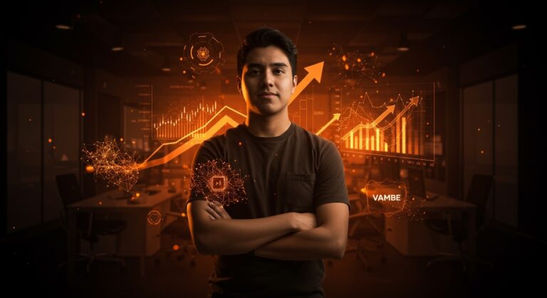 Joven emprendedor chileno levantando capital y escalando una startup de inteligencia artificial con éxito financiero.