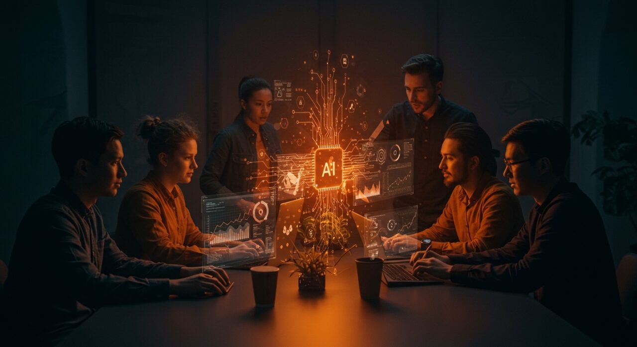 Equipo multidisciplinario colaborando con inteligencia artificial para destacar en la industria tecnológica en 2026.