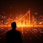 Competitividad empresarial y guerra por el talento en Canarias representada con un líder frente a un horizonte digital en tonos naranja y negro.