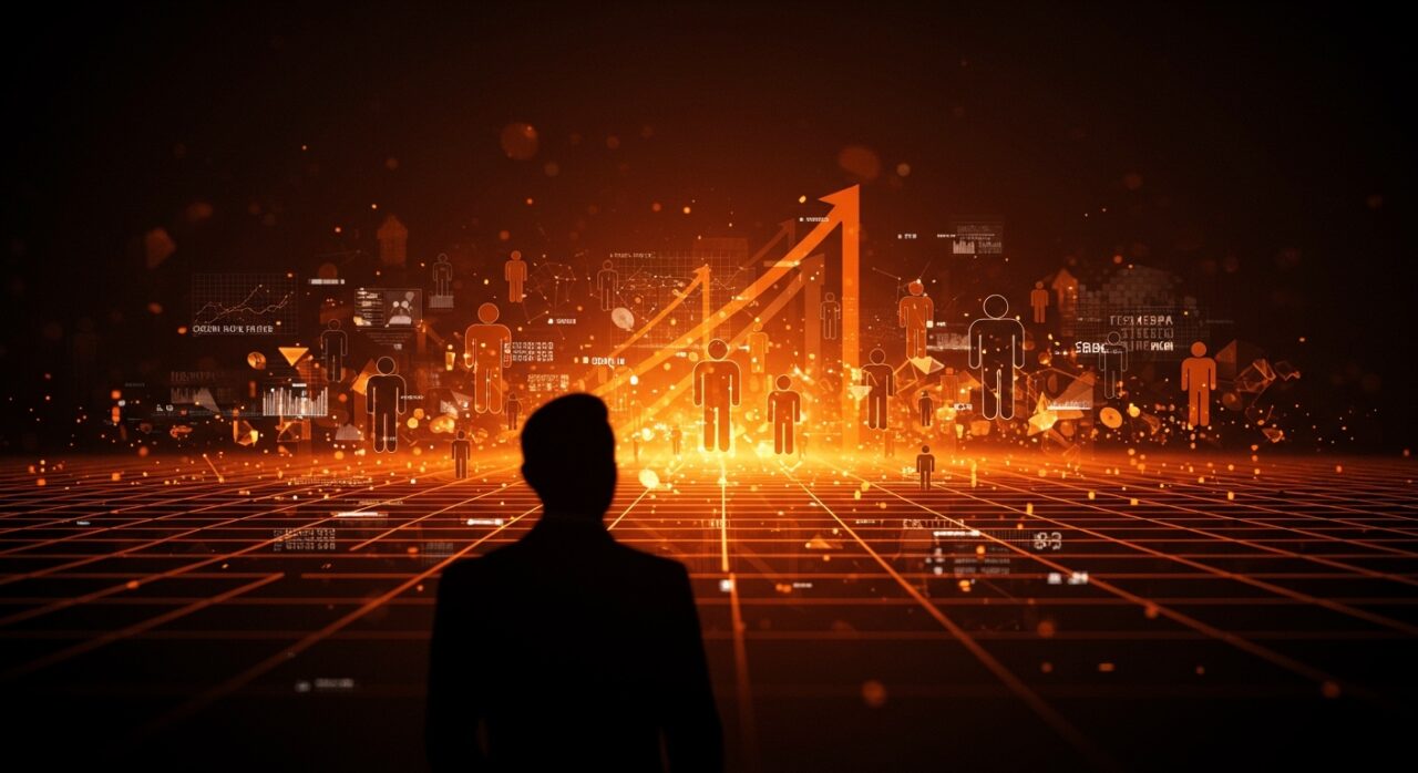 Competitividad empresarial y guerra por el talento en Canarias representada con un líder frente a un horizonte digital en tonos naranja y negro.