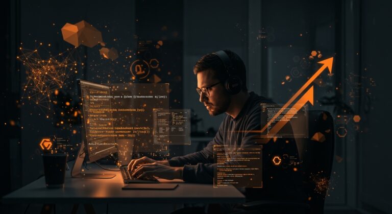 Desarrollador trabajando en un compilador Scheme a WebAssembly acelerado por IA, ilustrando innovación tecnológica y automatización del desarrollo.