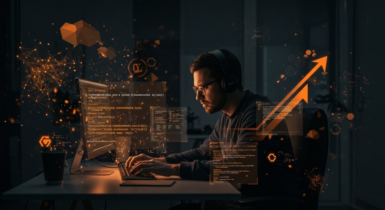 Desarrollador trabajando en un compilador Scheme a WebAssembly acelerado por IA, ilustrando innovación tecnológica y automatización del desarrollo.