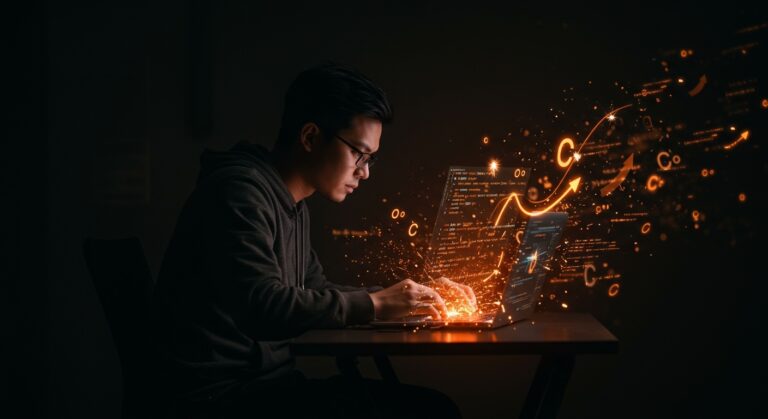 Programador creando un compilador en lenguaje C, destacando desarrollo de software open source para startups tecnológicas.