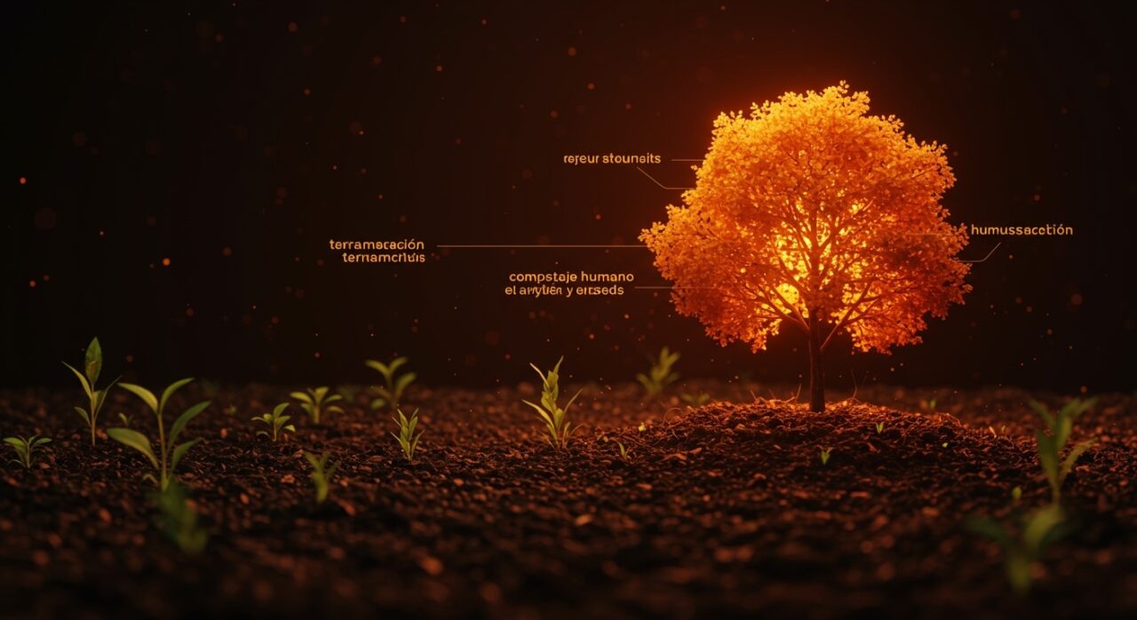 Compostaje humano representado con árbol naranja brillante creciendo sobre suelo oscuro, simbolizando innovación y sostenibilidad en el mercado funerario verde en EEUU.