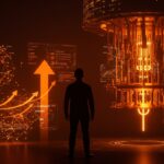 Fundador tecnológico frente a interfaz cuántica digital representando computación cuántica open source y oportunidades para startups.