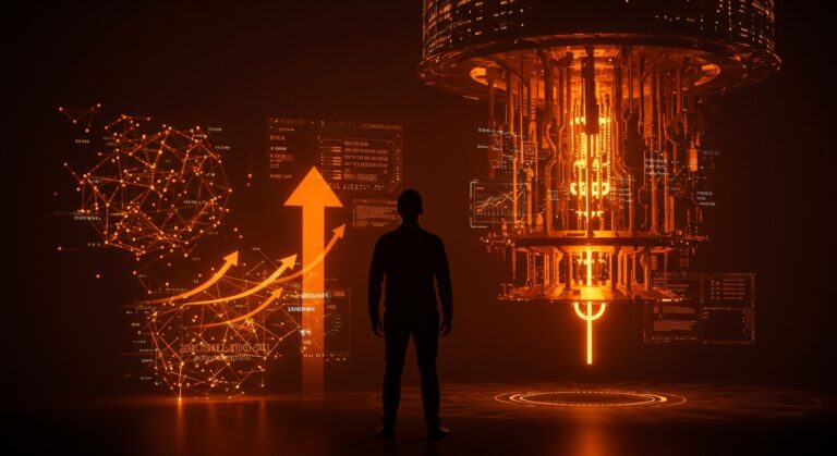 Fundador tecnológico frente a interfaz cuántica digital representando computación cuántica open source y oportunidades para startups.