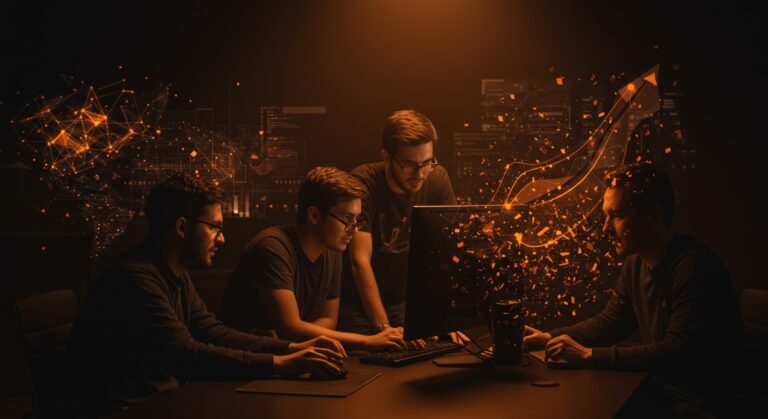 Emprendedores latinoamericanos colaborando alrededor de una AI PC futurista, simbolizando computación personal, IA y startups en ecosistema tecnológico de Latinoamérica.