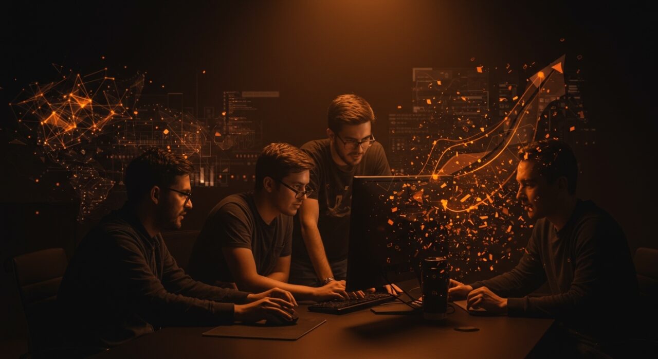 Emprendedores latinoamericanos colaborando alrededor de una AI PC futurista, simbolizando computación personal, IA y startups en ecosistema tecnológico de Latinoamérica.