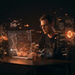 Emprendedor trabajando con interfaces holográficas que representan computación personal, inteligencia artificial y software libre en un entorno tecnológico innovador.