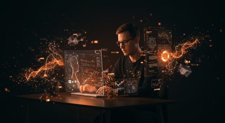 Emprendedor trabajando con interfaces holográficas que representan computación personal, inteligencia artificial y software libre en un entorno tecnológico innovador.