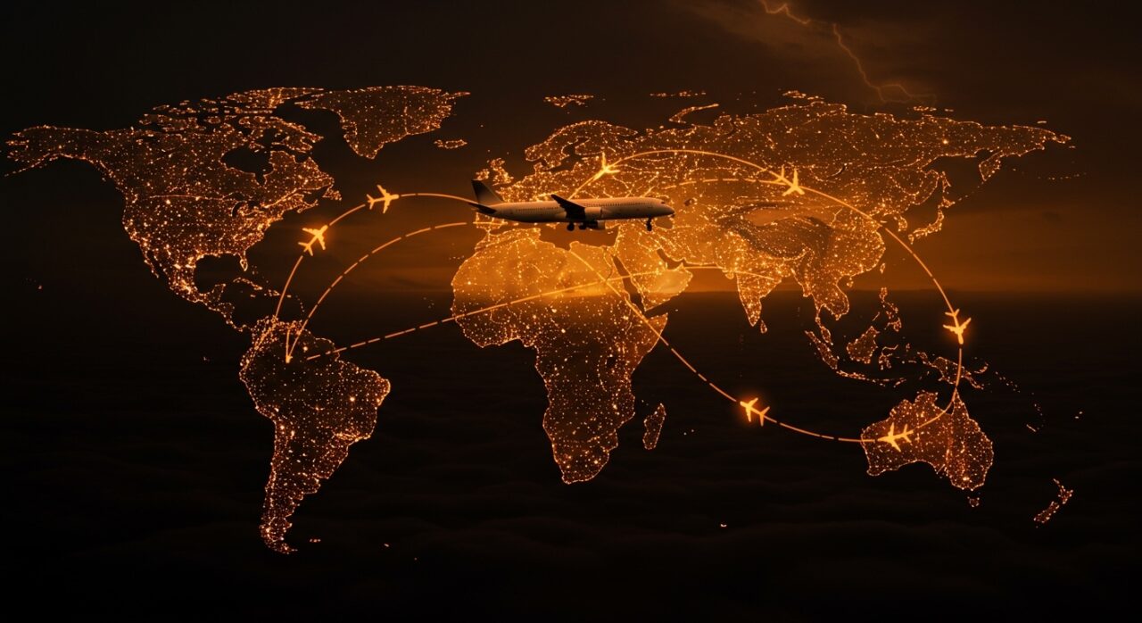 Impacto del conflicto en Irán sobre el tráfico aéreo y turismo global entre Europa y Asia, ilustrado con rutas aéreas y símbolos de aerolíneas en tonos naranja y negro.