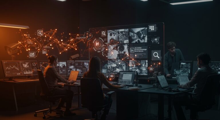 Interfaz futurista de buscador de videos en cámaras de seguridad basado en IA aplicada y lenguaje natural con fondos en naranja y negro de Ecosistema Startup.