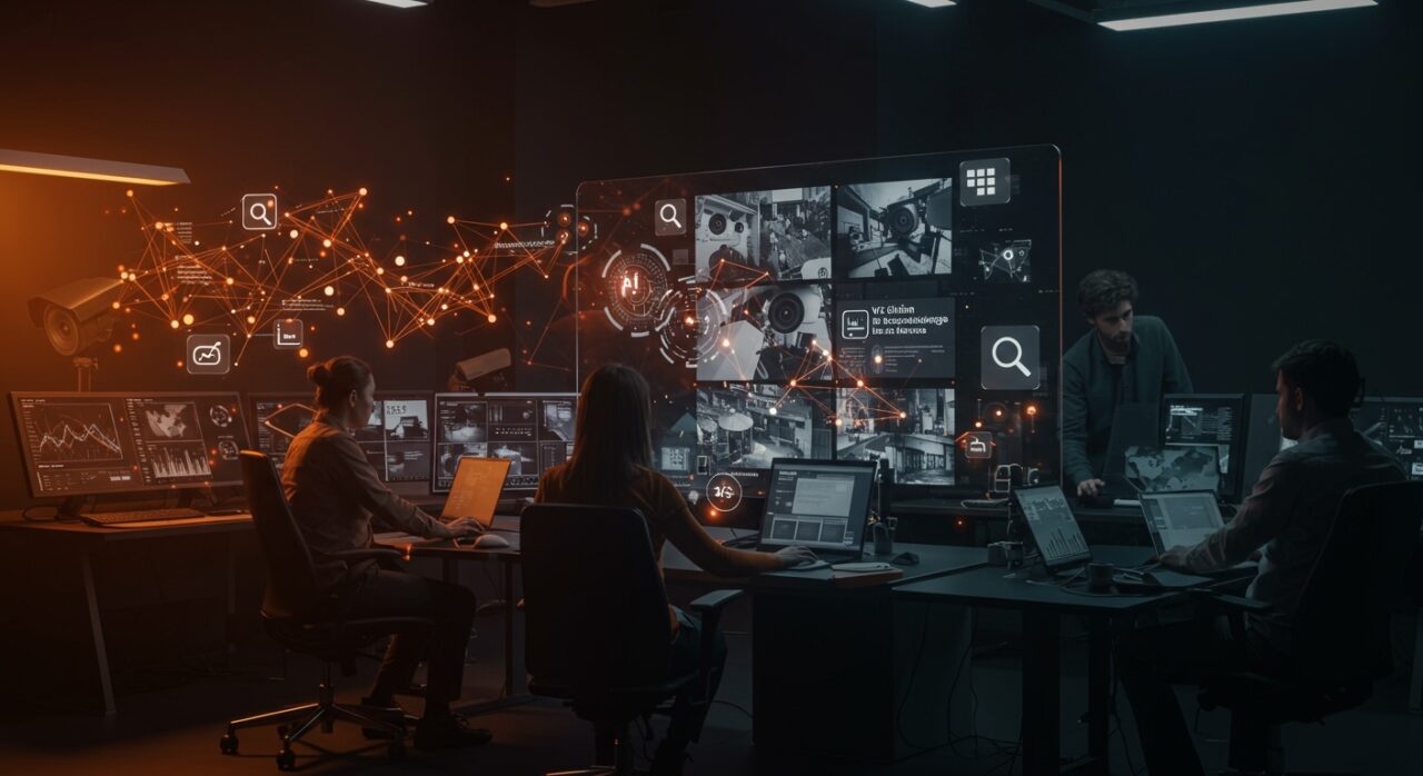 Interfaz futurista de buscador de videos en cámaras de seguridad basado en IA aplicada y lenguaje natural con fondos en naranja y negro de Ecosistema Startup.